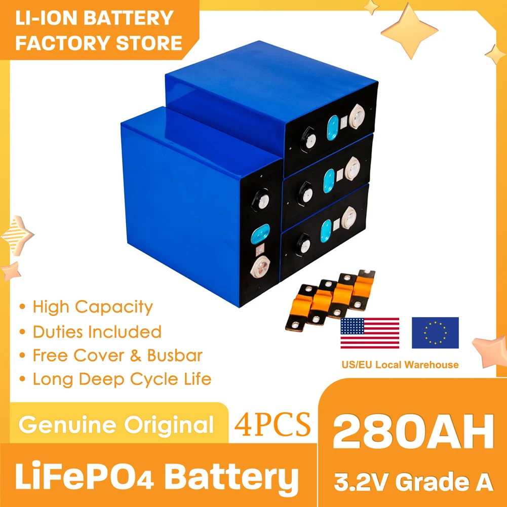 

4/8/16/32PCS 280Ah LiFePO4 Battery 3.2V Deep Cycle Rechargeable Battery Pack Solar Energy System for 12V 24V 48V RV Golf Cart