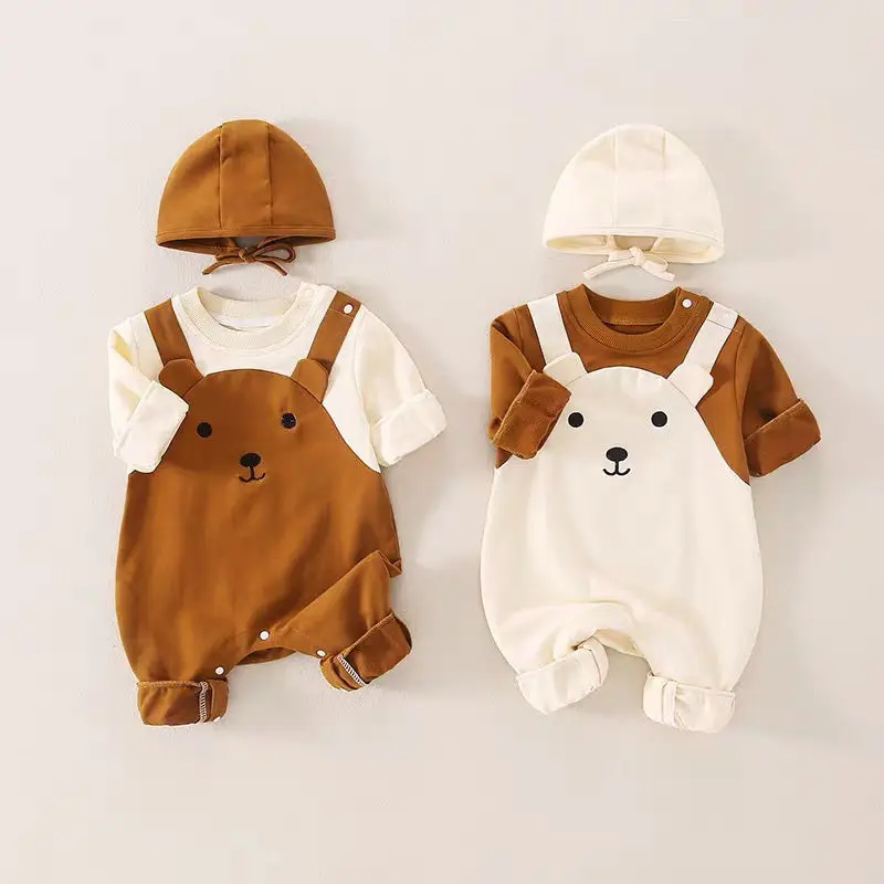 3-15M Spring Autumn Newborn Cartoon Clothes Baby Girl Boy Romper Infant Cute Bears Cotton Soft Infant Jumpsuit with Knit Cap