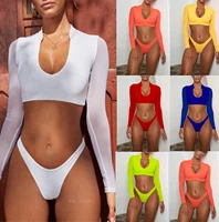 summer mesh long sleeve neon bikini women sexy beach high waist 3 piece swimwear cover up high cut push up bathing suit
