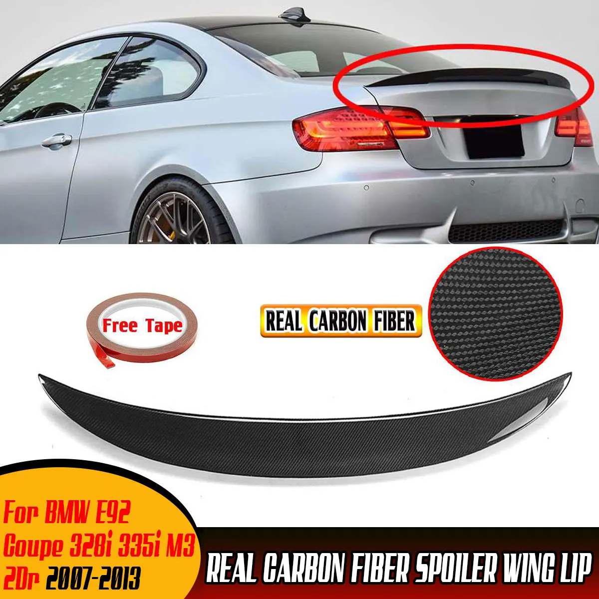 

Real Carbon Fiber High Kick Car Rear Trunk Spoiler Wing Lip Big For BMW E92 Coupe 328i 335i M3 2Dr 2007-2013 Rear Wing Spoiler