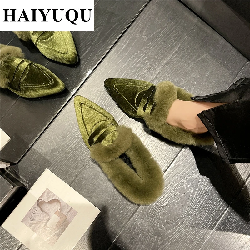 Элегантные меховые шлепанцы на низком каблуке женские замшевые мюли с острым