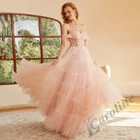 caroline peach pink tulle aplliques evening dress 2022 off shoulder full length vestidos de gala deep prom gowns custom made