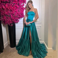 eeqasn hunter green satin evening dresses long strapless side slit tiered simple formal prom party gowns special occasion dress