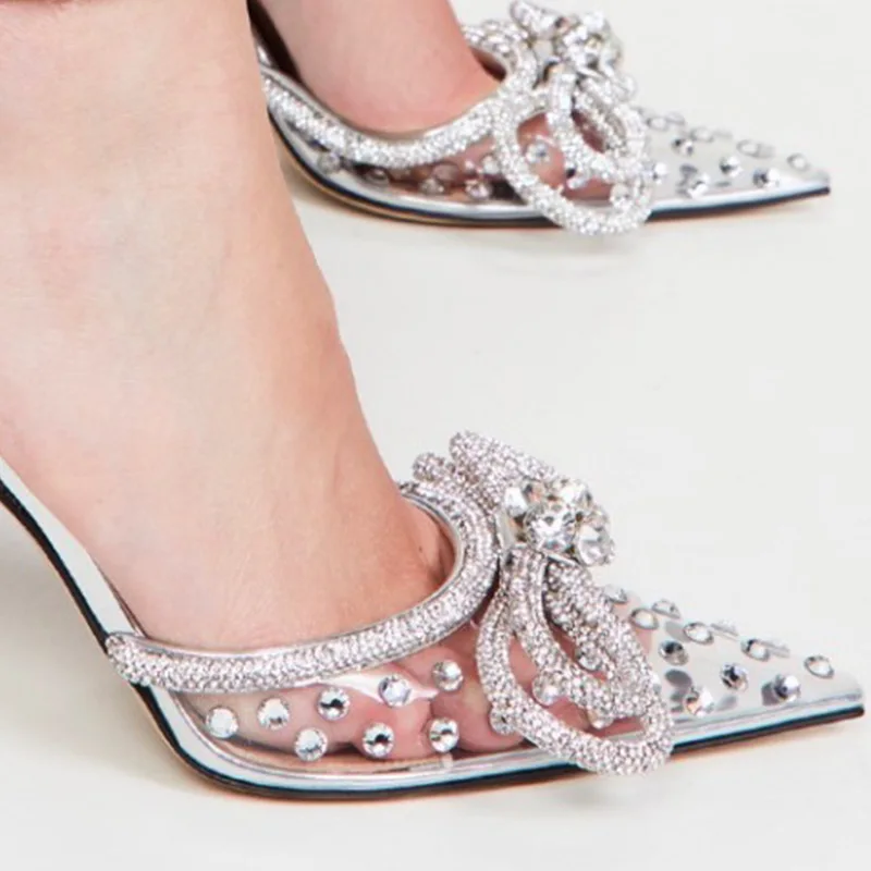 

Summer Pointed Toe Pvc Rhinestone Embellished Bow Women's High Heels Slipper Shallow Solid Color Slingback Stiletto Shoes