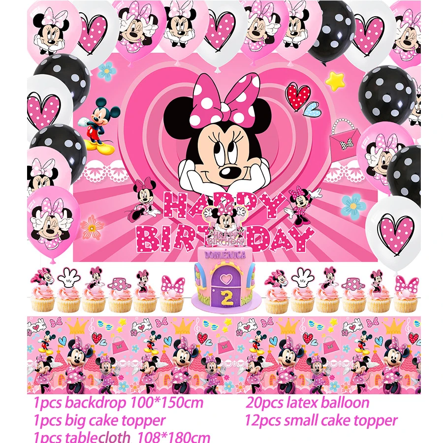 

Disney Mickey Minnie Mouse Balloon Birthday Party Decorations Backdrop Tablecloth Cake Topper Baby Shower Girls Party Supplies