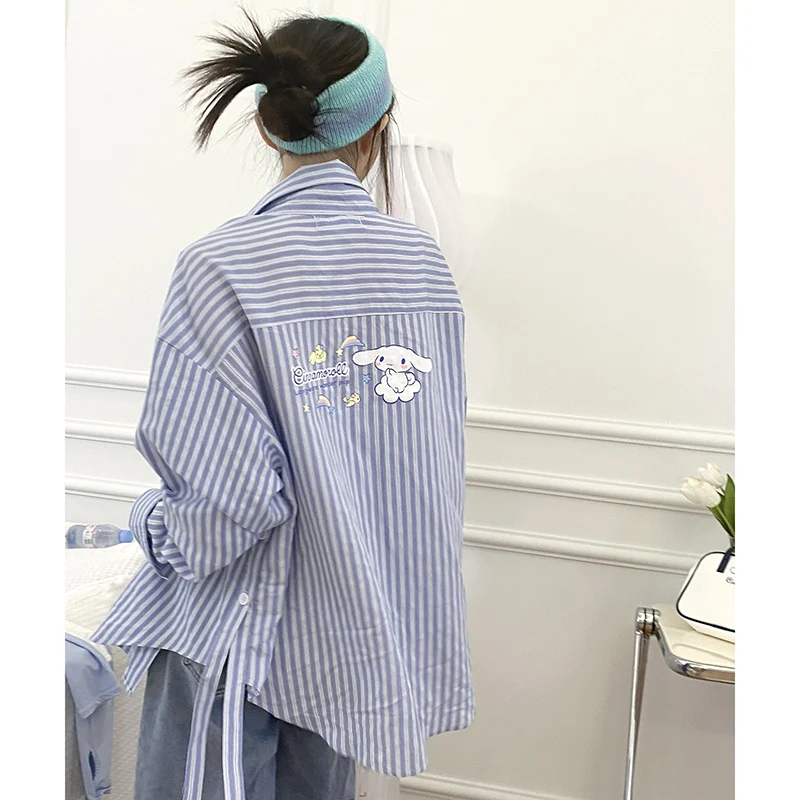

Sanrio Kuromi Pompom Purin Cinnamoroll New Cartoon Anime Girl Heart Classic Striped Boyfriend Wind Big Shirt
