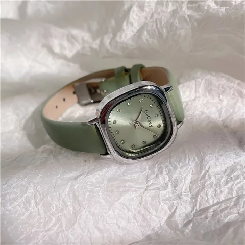 Брендовые простые маленькие квадратные зеленые кварцевые часы, женские повседневные модные Универсальные винтажные наручные часы с кожаным ремешком, Прямая поставка