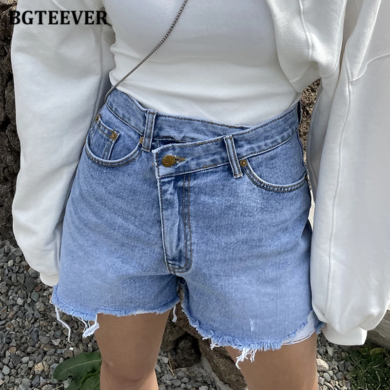 

BGTEEVER Stylish Irregular Ladies Solid Denim Shorts Spring Summer Loose Pockets High Waist Fashion Women Wide Leg Jeans Shorts