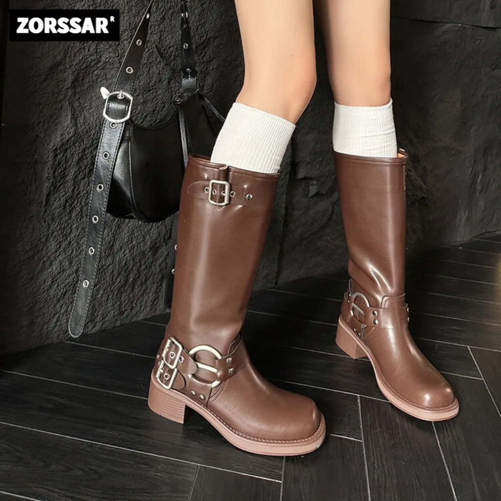 

Big Size Classic Vintage Cow Leather Knee High Motorcycle Boots Round Toe Mid Heels Long Boots Winter Women Warm Thigh High Boot