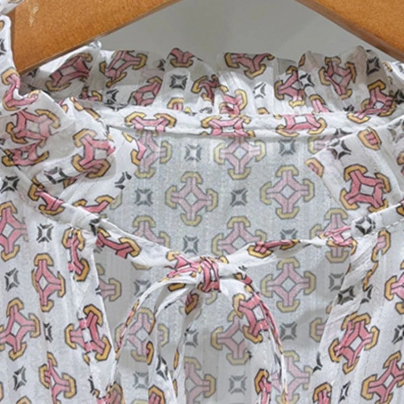 

Women's Ethnic Print Retro Shirts Top Lace-up Long Lantern Sleeve Female Loose Blouses