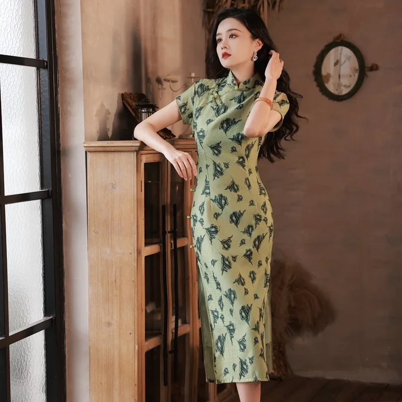

Green Print Spring New Cheongsam Women Slim Chinese Style Dress Vintage Eleganti Fashion Young Qipao Modern Improve Temperament