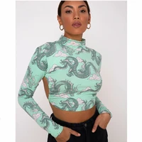 high street dragon printed women t shirts sexy backless crop top long sleeve bandage tops high neck lace up t shirt graphic tees
