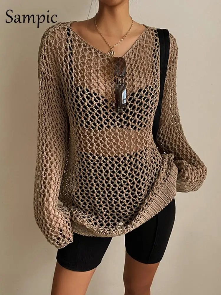 

Sampic 2022 Hollow Out Fishnets T Shirt Women Vintage Loose Long Sleeve Khaki See Through Knit Smock Summer Casual Streetwear