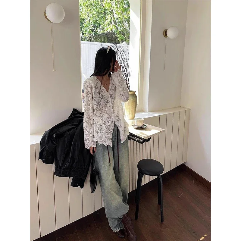 MEXZT Y2K черные кружевные прозрачные рубашки женские модные сексуальные открытые