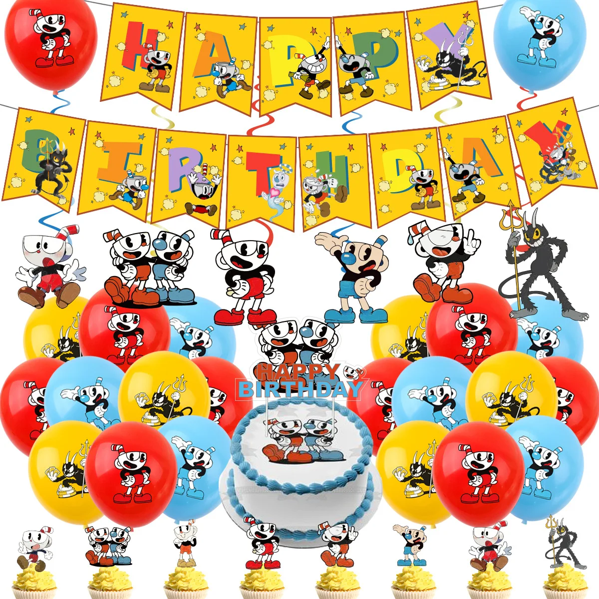 

1Set Cartoon Cuphead Theme Balloons Party Event Supplies Kid Birthday Party Cute Cuphead Banner Cake Topper Baby Shower Ball Toy