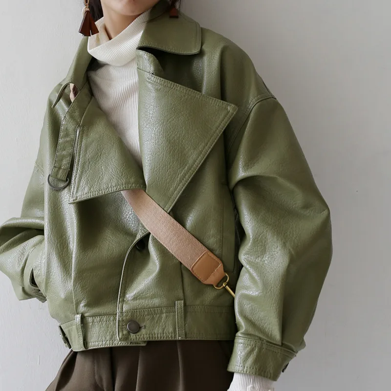 

Spring Autumn Green Faux Leather Jackets Casual Women Short Vintage Loose Pu Jacket Female Black Red Leather Coat Chaqueta Mujer