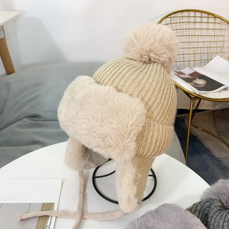 

2022 Winter Russian Bomber Hats For Women Men Outdoor Warm Snow Hat With Fur Pompom Windproof Woolen Earflap Trapper Cap