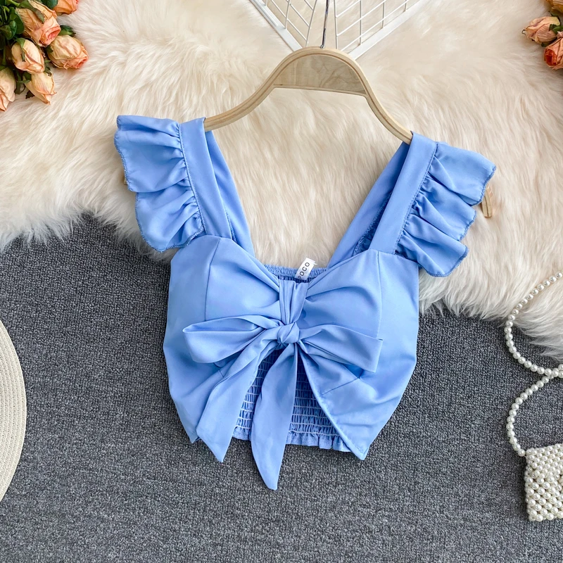 

Women Tank Top Sexy Sleeveless Elegant Ruffle Sweet Bow Solid Color 2023 Summer New Camisole ins For Fashion Girls
