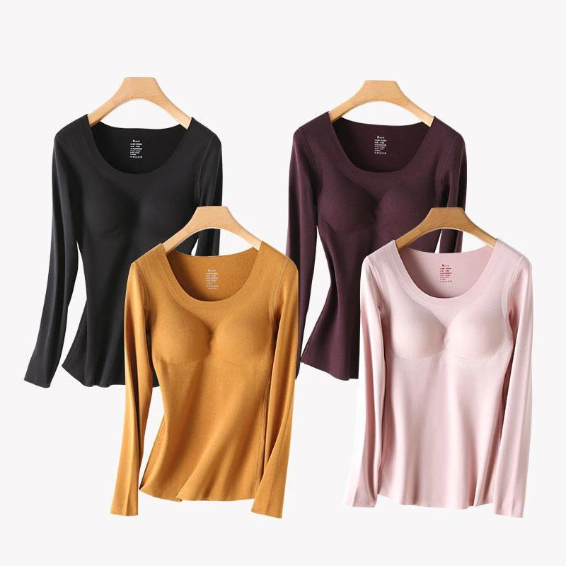 Dralon Thermal Underwear Women's Fleece Thickened Backing Shirt Solid Color Without Traces With Chest Cushion Winter