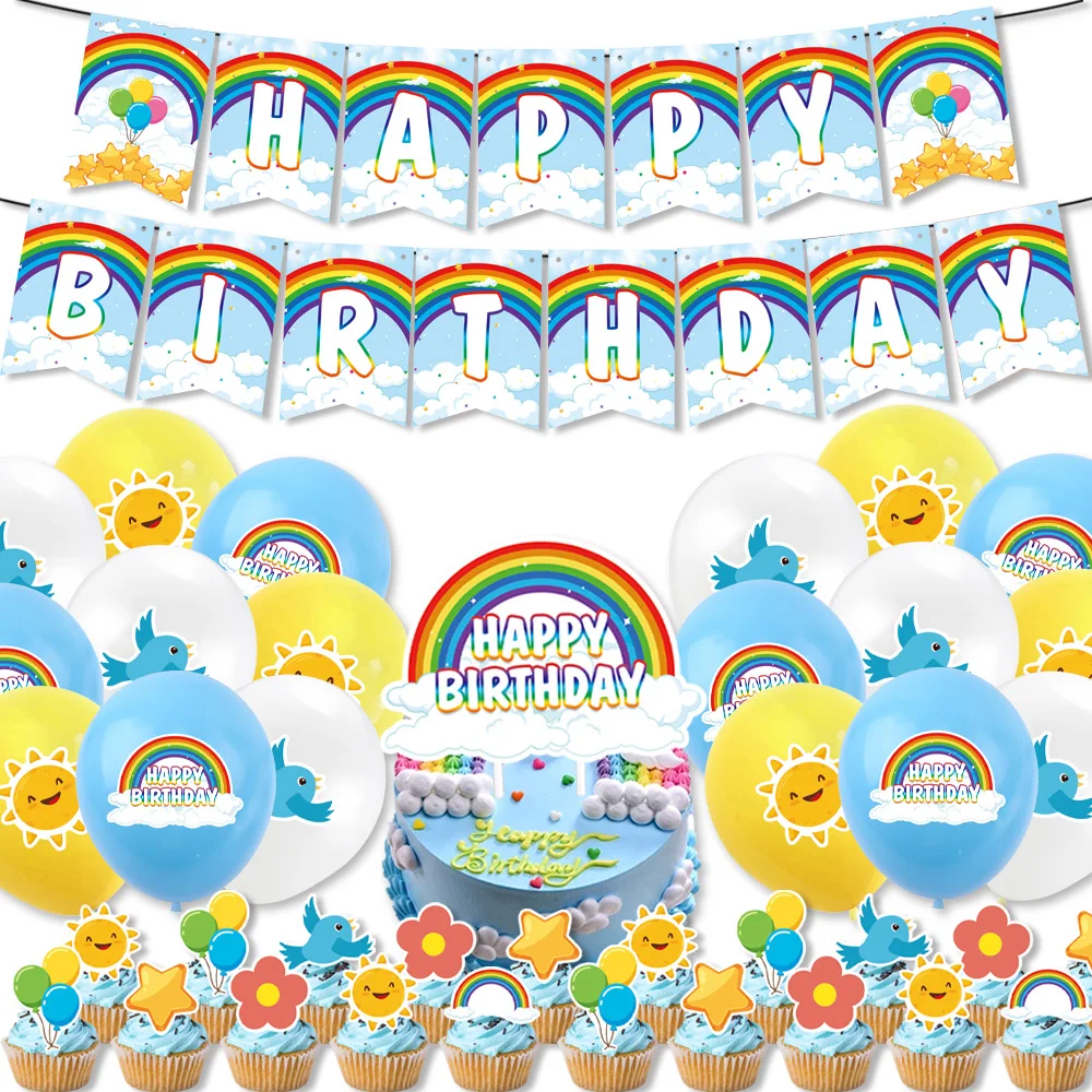 White Cloud Rainbow Theme Happy Birthday Party Decorations Disposable Cutlery Balloon Baby Bath Supplies