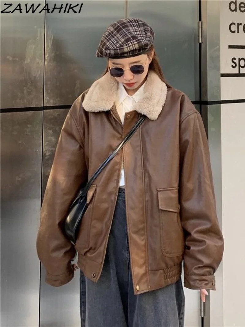 

Винтажные коричневые кожаные куртки с отложным воротником на молнии, Женская Толстая куртка из искусственной кожи Y2K
