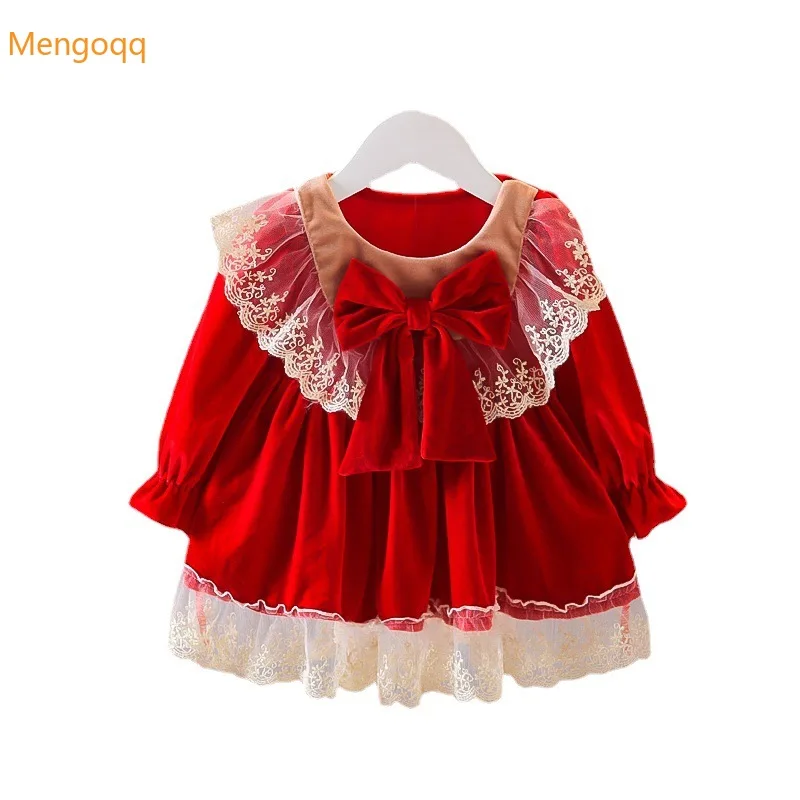 

New Kids Baby Girl Lolita Princess Long Sleeve Fluffy Velvet Birthday Knee-length Lace Dress Toddler Children Clothes 6M-4Y