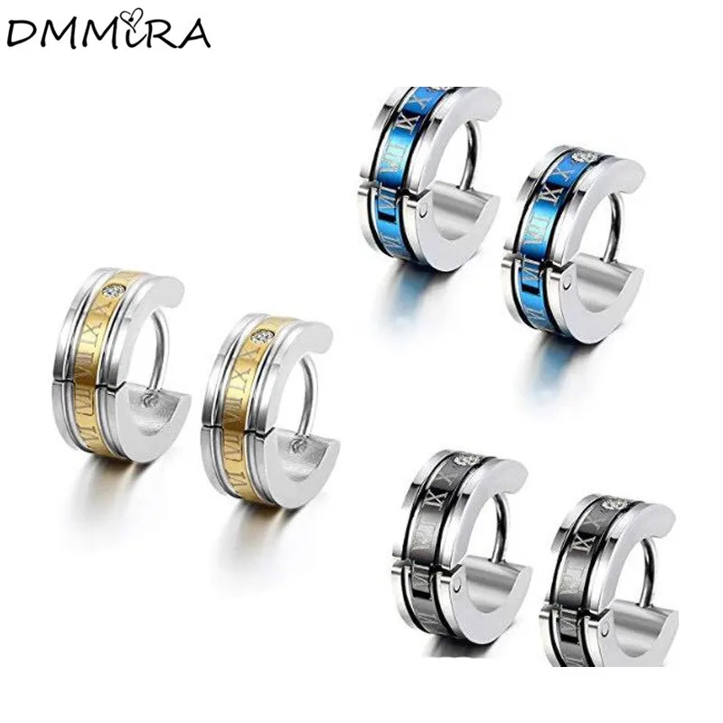 

Fashion Women Men Punk Gold Black Blue Titanium Steel Round Roman Number Feather Smooth Circle Hoop Huggie Earrings Jewelry