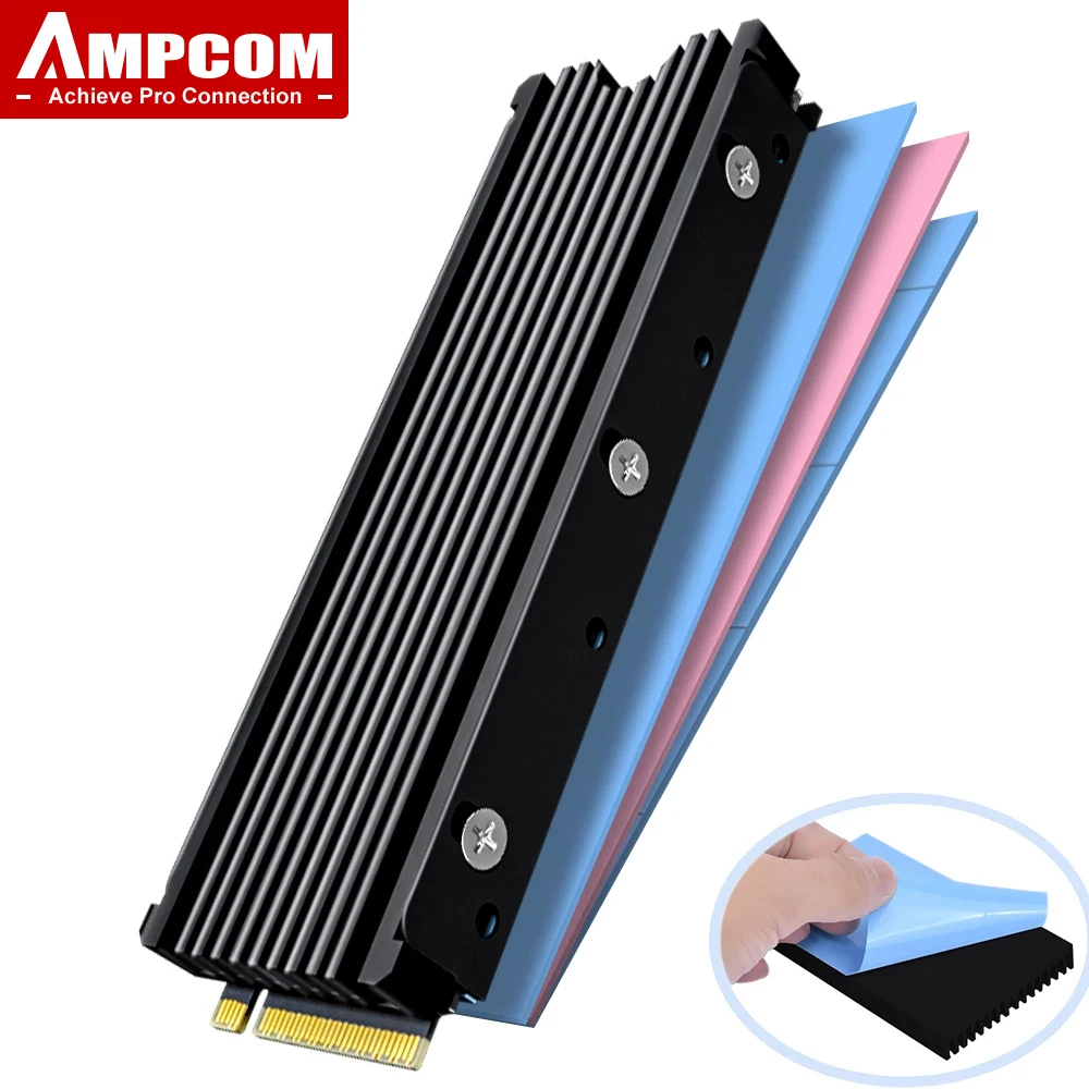 

M.2 2280 радиатор SSD Поддержка PS5, AMPCOM NVME NGFF 2280 SSD двусторонний радиатор охлаждения с термальными силиконовыми прокладками охладитель