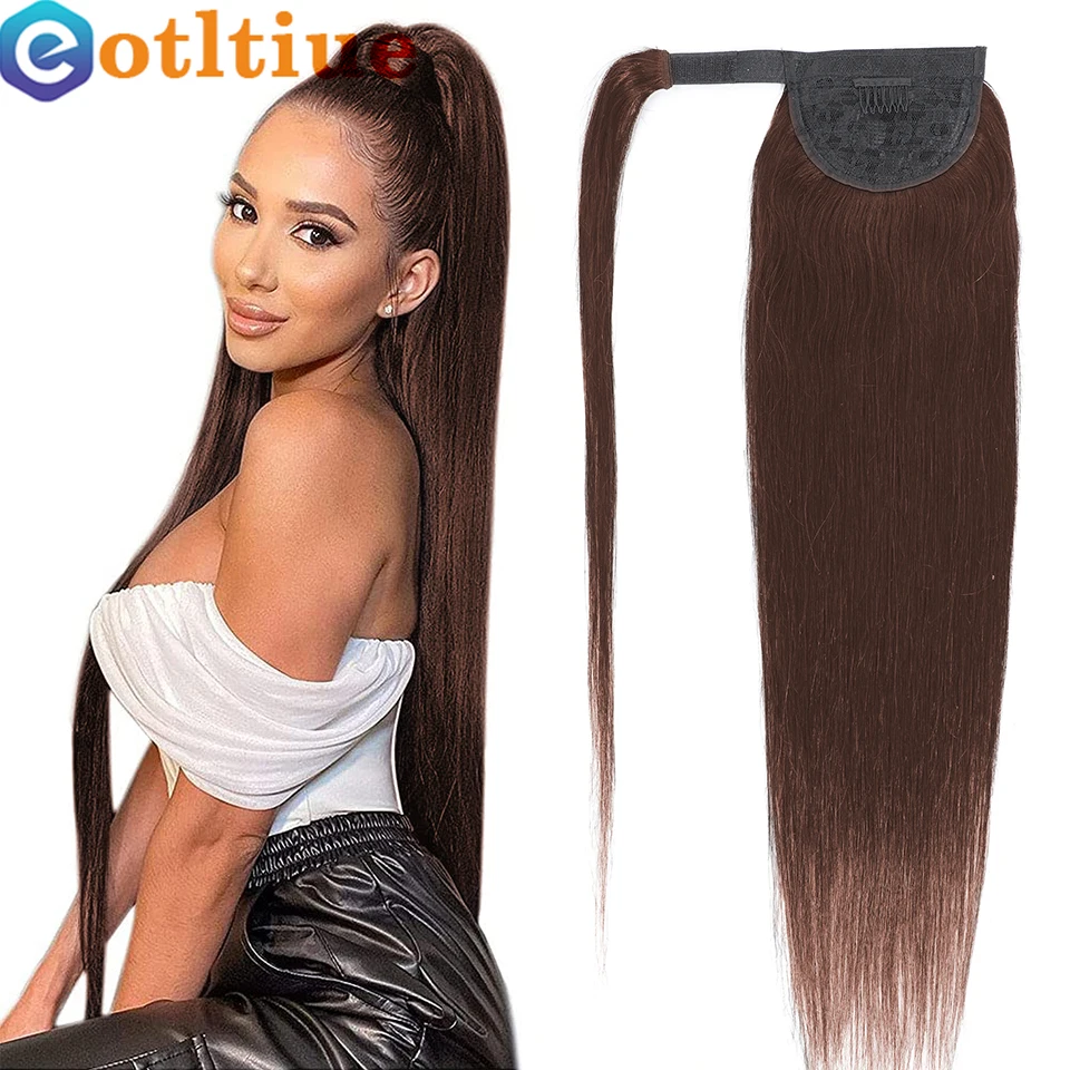 

Straight Wrap Around Ponytail Human Hair Dark Brown Color Brazilian Remy Hair Long Inch Magic Paste Ponytail Extension For Women