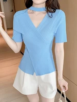 camisetas de mujer thin knitted t shirt women short sleeve irregular tshirt summer tee shirt femme korean style woman clothes