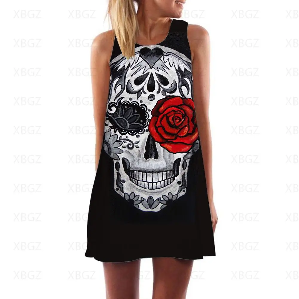 Y2k Print Prom Dresses Sleeveless Elegant Women Fashion Sexy Dress Loose Boho Sling Beach Gothic Party Skull Flower Evening Mini