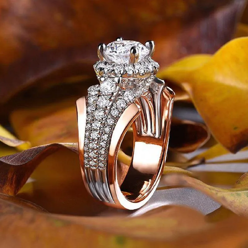 

Creative Two-tone Round Rhinestone Zircon Crystal Ladies Ring for Women Female Wedding Engagement Jewelry Size 6-10