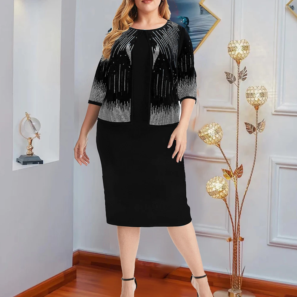 

Plus Size Womens Round-Neck Bodycon Dress Ladies Evening Party Gown Dresses Oversized Fake Two Pieces Dress 2XL -5XL