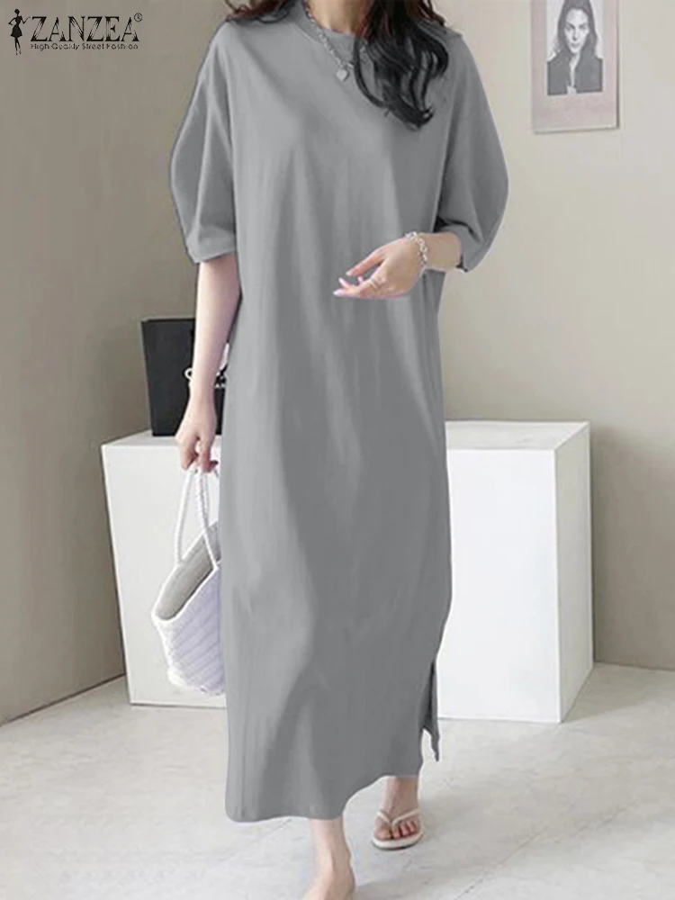 

Модель 2023 года, модный летний однотонный свободный сарафан ZANZEA с рукавом до локтя, элегантное женское повседневное платье, кафтан, женское длинное платье с разрезом на подоле