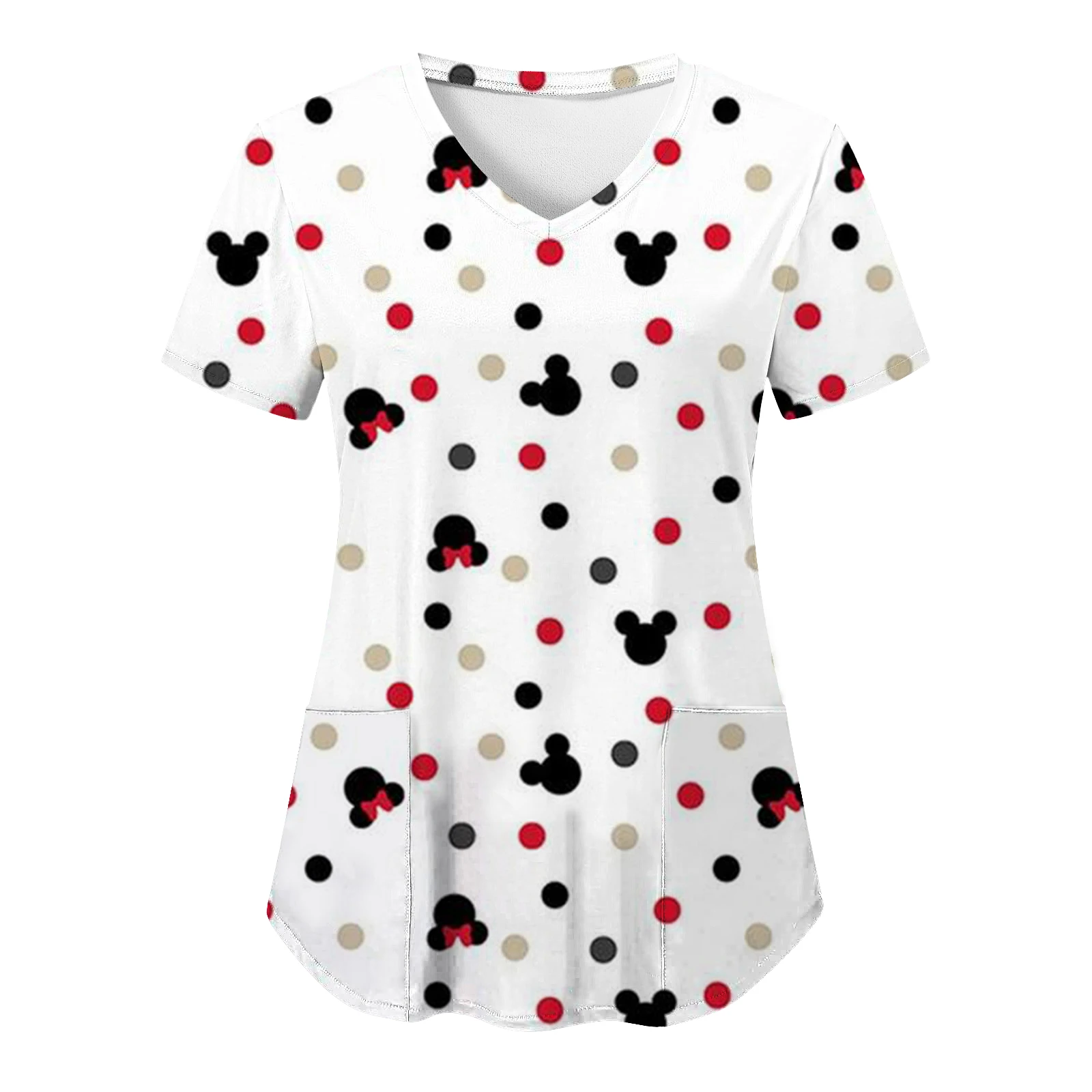 

Top Women 2023 Nurse Uniform Tops Hospital T Shirt Disney T-shirts Minnie Mouse Woman Clothes V Neck T-shirt Mickey Pocket Tees