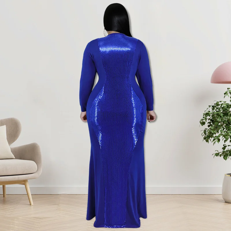 Plus Size 2023 Elegant Glitter v Neck 4xl 5xl Dress Sexy Long Sleeve Club Fashion Evening Party Dresses Autum 3xl 4xl 5xl 6xl