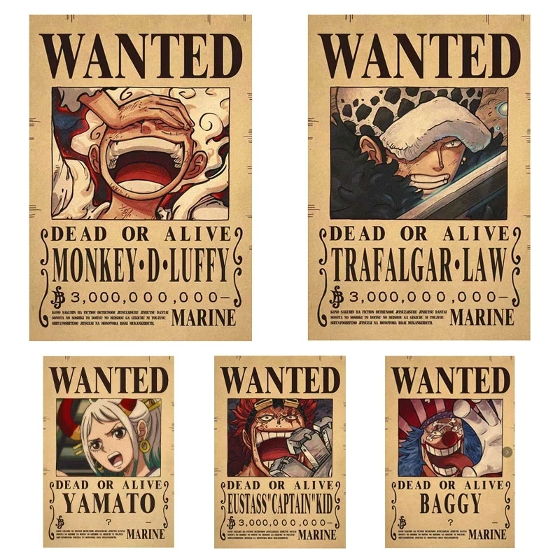 

New Anime One Piece Luffy 3 Billion Bounty Wanted Posters Four Emperors Kid Action Figures Vintage Wall Decoration Poster Toys