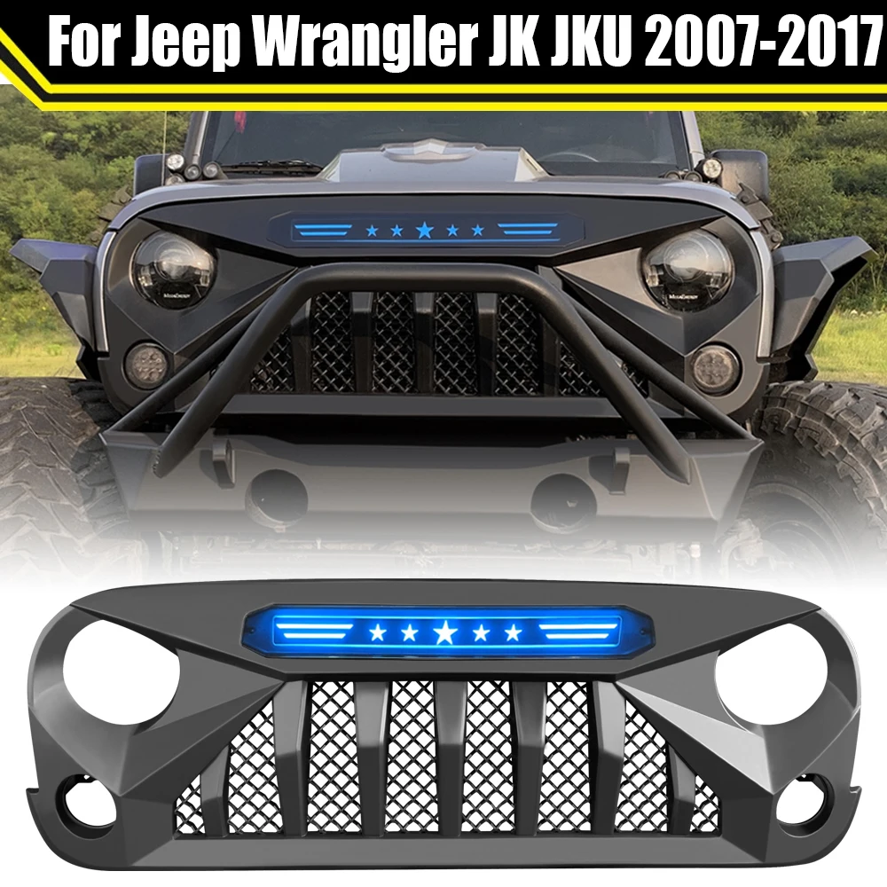 

Front Racing Grille Grills Fit For Jeep Wrangler JK JKU 2007-2017 Mesh Mask Cover W/LED Auto Grill Grills Exterior Accesories