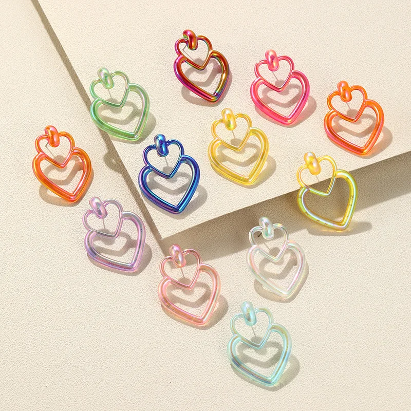 

Trendy Laser Colorful Heart Stud Earrings for Women Big Resin Acrylic Dangle Earring Girls Party Korean Ear Jewelry Brincos