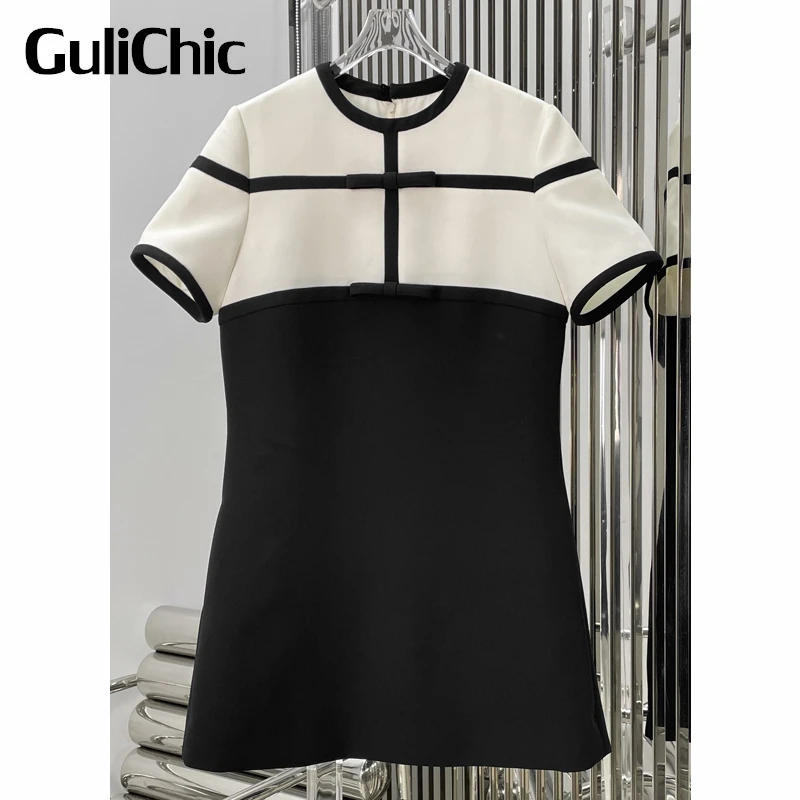 6.7 GuliChic Women Temperament Bow High Waist Office Lady Round Neck Contrast Color Casual A-Line Dress