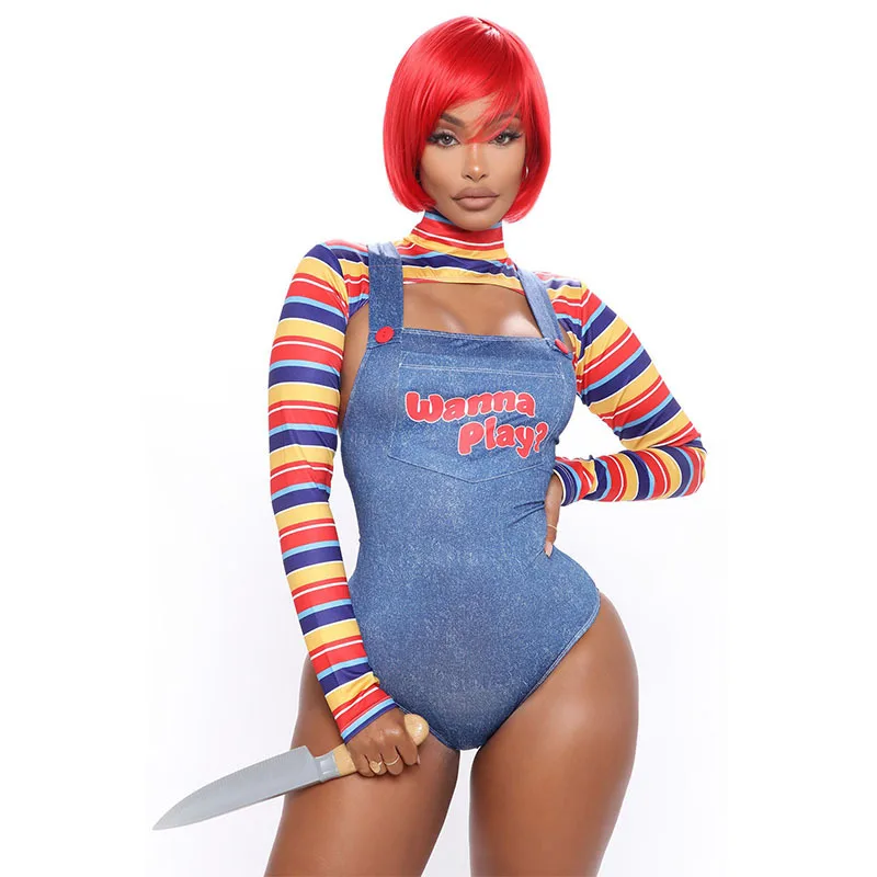 

Holiday Carnival Costume for Women Scary Nightmare Killer Doll Wanna Play Movie Character Bodysuit Chucky Doll Costume Set 5XL