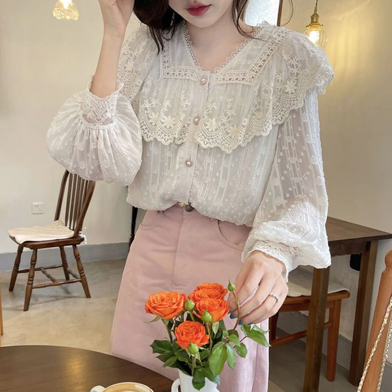 Женская модная Милая Кружевная рубашка на пуговицах женская элегантная белая