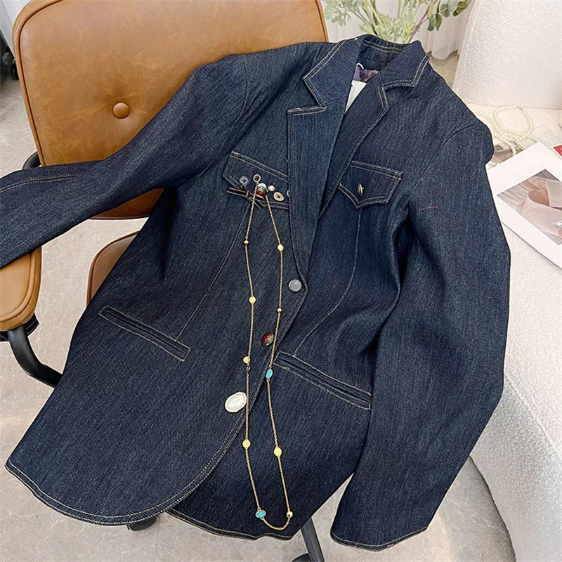 2023 Spring Autumn New Vintage Denim Blazer Coat Women Clothing Heavy Industry Button Handsome Blazer Jackets Ladies Tops AC761