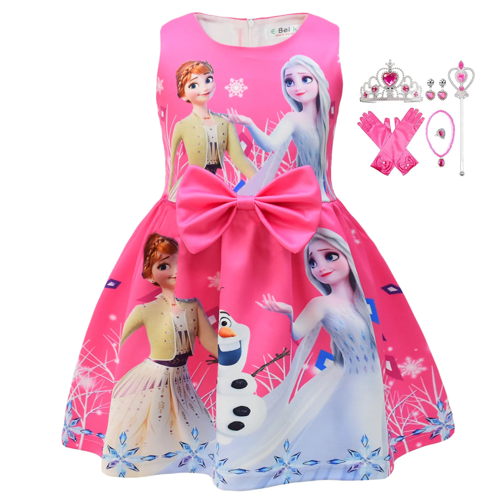 High Quality Girls Bowknot O-neck Princess Dress Cartoon Shark Anna Print Summer Dresses Kids Christmas Carnival Party Clothing