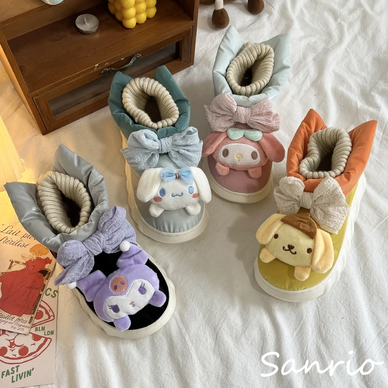 

Зимние ботинки Sanrio Cinnamoroll My Melody с бантом, Симпатичные плюшевые хлопковые ботинки Pompompurin, Зимние Теплые ботильоны Kuromi, Рождественский подарок