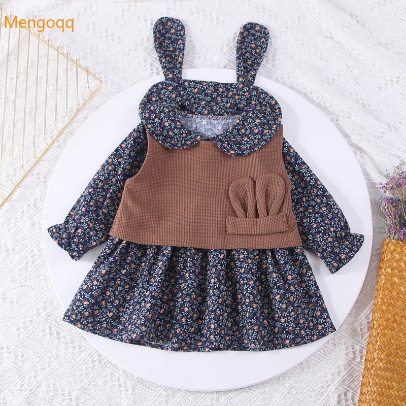 

Kids Baby Girls Autumn Full Sleeve Peter Pan Collar Bunny Ear Flower Knee-length Dress Solid Top Vest Toddler Clothes Set 2pcs