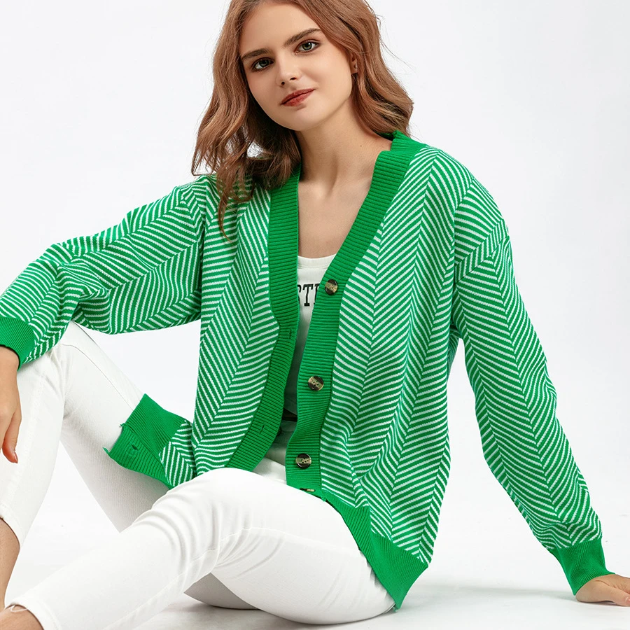 

Korean Single Breasted Knitted Cardigan Women V-neck Contrast Loose Striped Sweater Coat Autumn Winter Long Sleeved Top Knitwear
