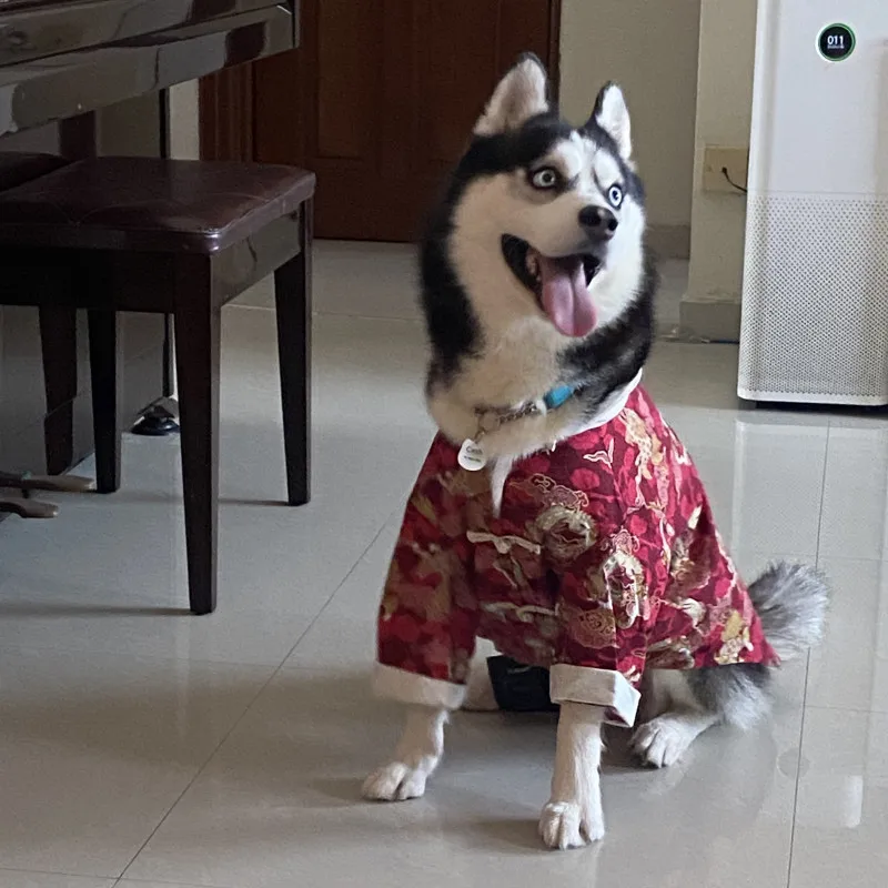 Фото Китайская Новогодняя одежда для собак, костюм Тан, чонсам, корги, Хаски, большие собаки, одежда, пальто №4