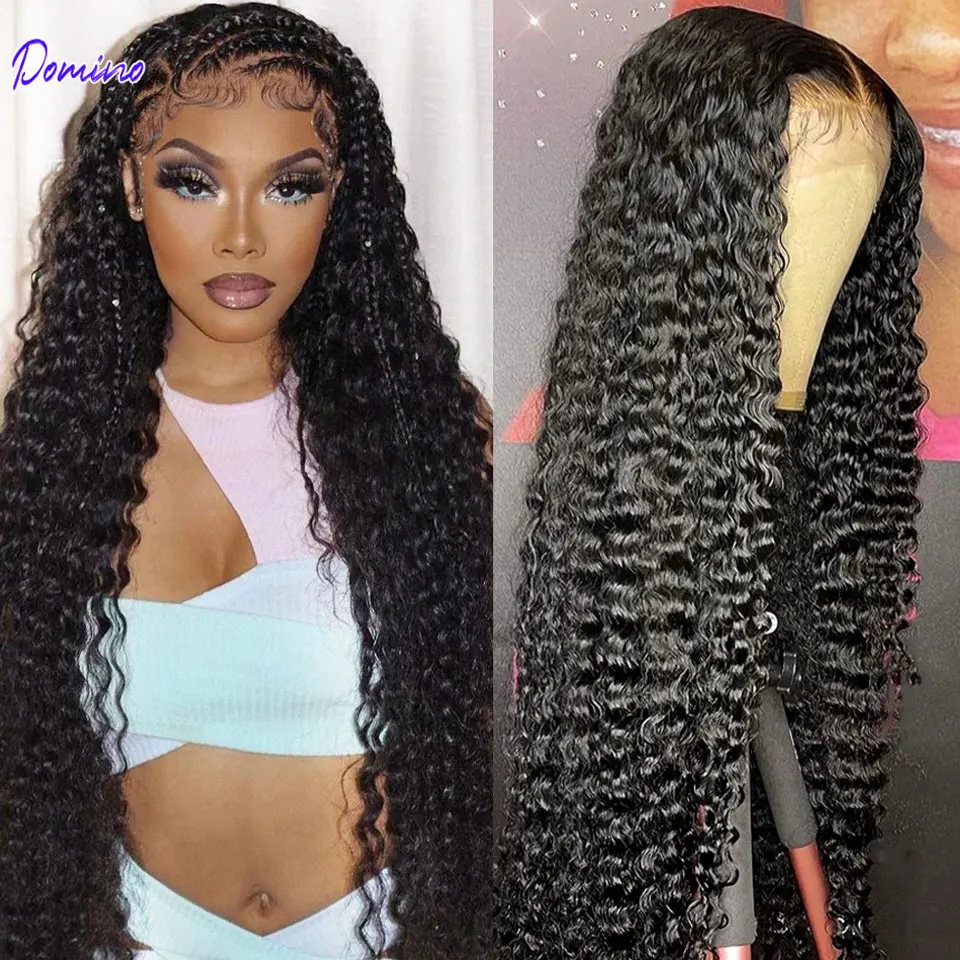 DOMINO 30 inch Deep Wave 13x6 Lace Frontal Human Hair Wigs Transparent Brazilian Closure Loose Water Curly Wig For Woman