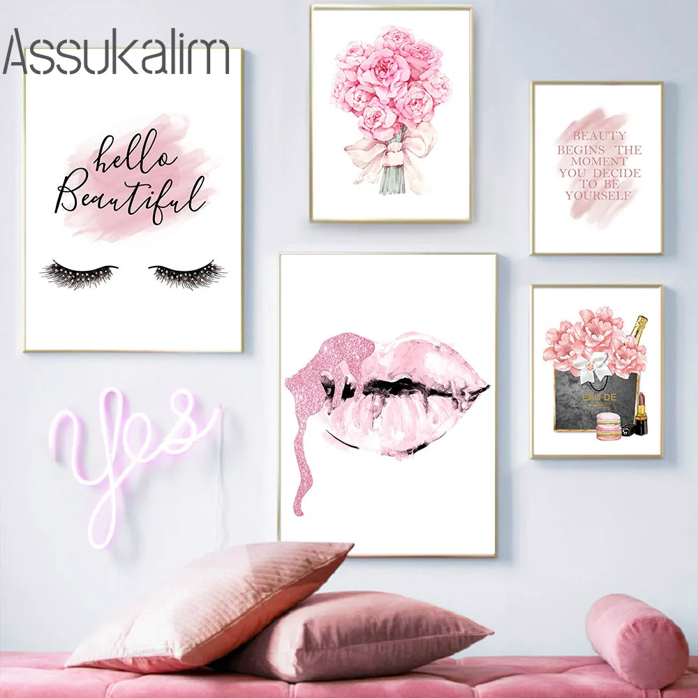 Печати макияжа губ на постерах, картинах канвы пионов и печати искусства ресниц, модный постер букета и изображения на стене для украшения гостиной.